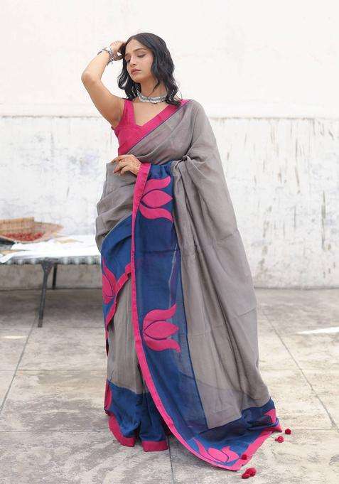 Grey Iraaya Embroidered Saree without Blouse for Women Festive Wear