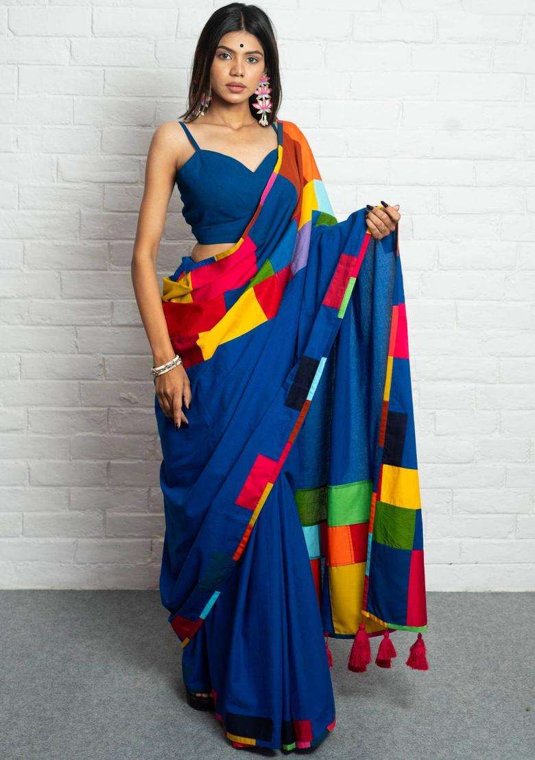 Haseena Woven Blue Saree without Blouse for Women Casual Wear - Indya