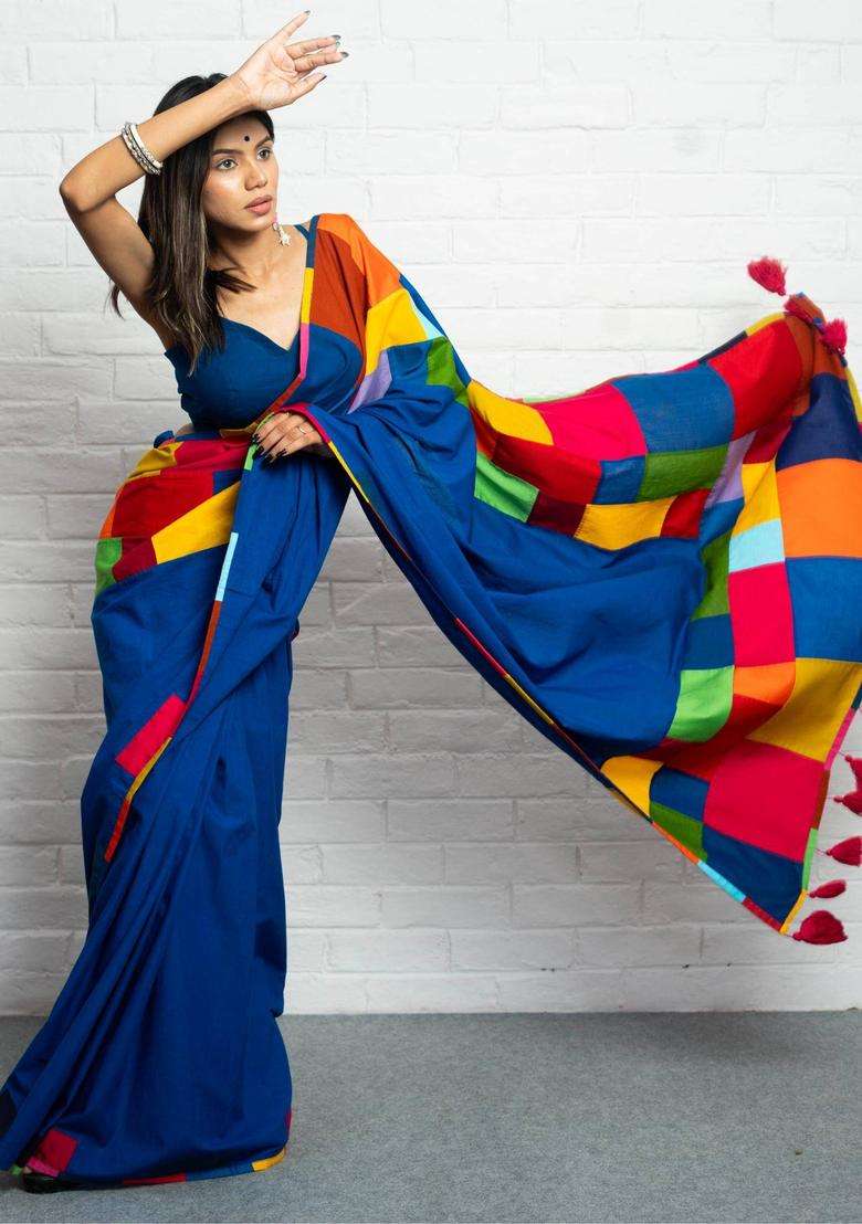 Haseena Woven Blue Saree without Blouse for Women Casual Wear - Indya