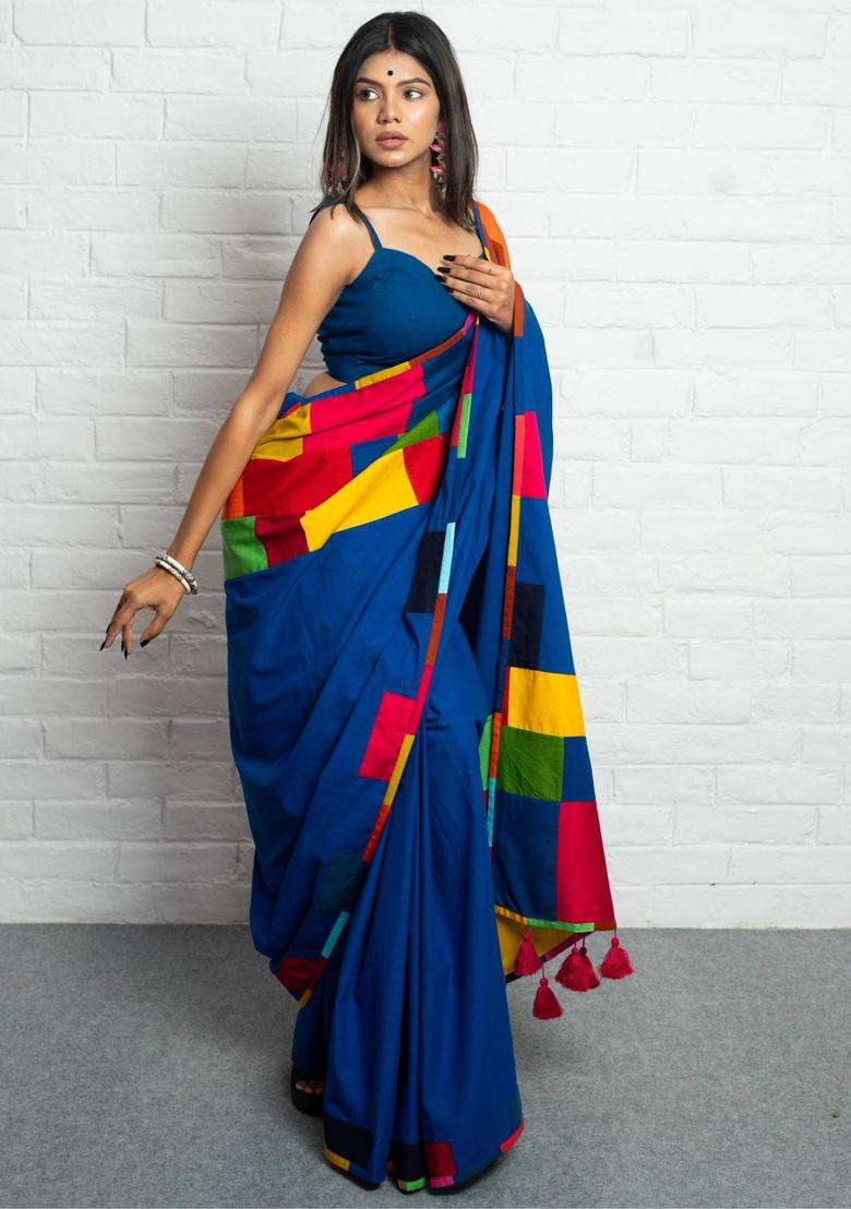 Haseena Woven Blue Saree without Blouse for Women Casual Wear - Indya