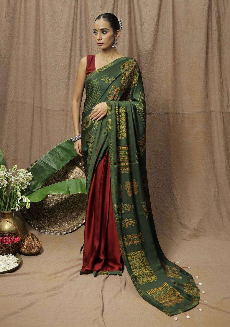 Hrudaya Maroon Printed Saree without Blouse for Women Festive Wear - Indya