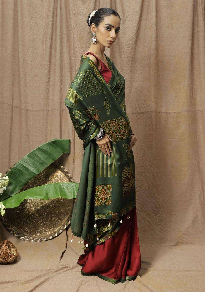 Hrudaya Maroon Printed Saree without Blouse for Women Festive Wear - Indya