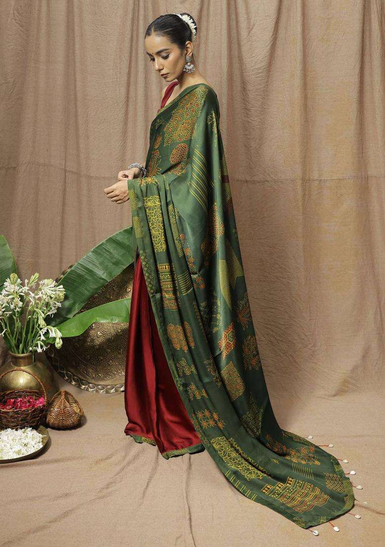 Hrudaya Maroon Printed Saree without Blouse for Women Festive Wear - Indya