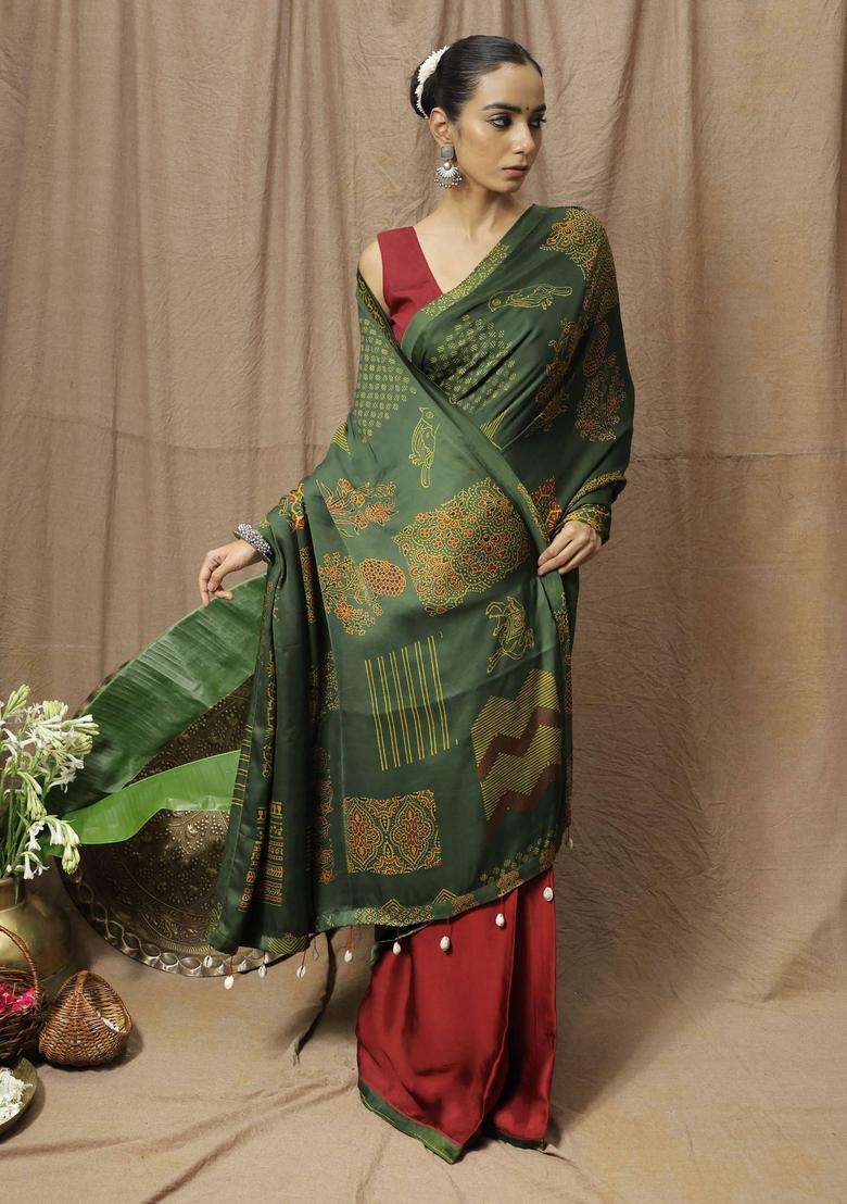 Hrudaya Maroon Printed Saree without Blouse for Women Festive Wear - Indya