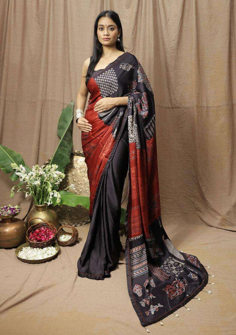 Black Printed Saree without Blouse for Women Festive Wear - Indya