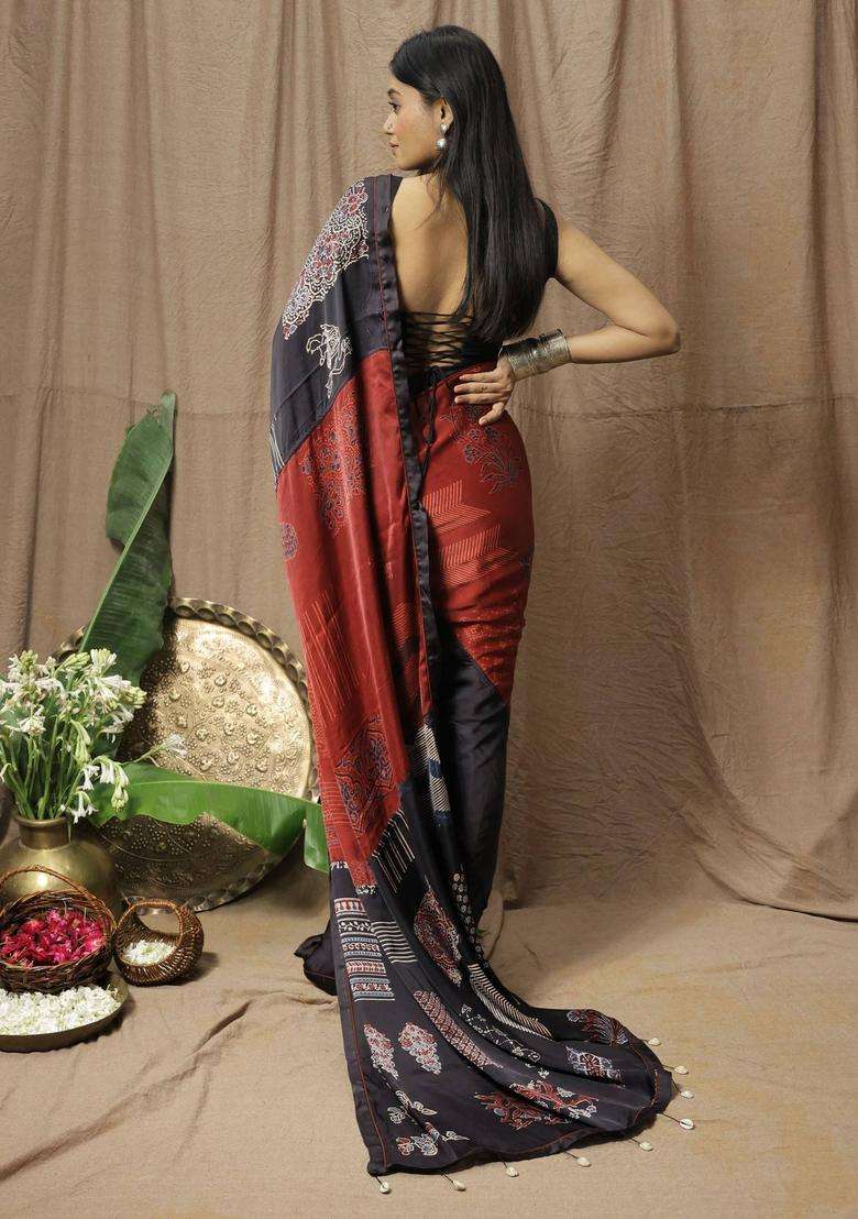 Black Printed Saree without Blouse for Women Festive Wear - Indya