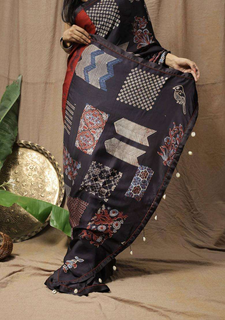 Black Printed Saree without Blouse for Women Festive Wear - Indya