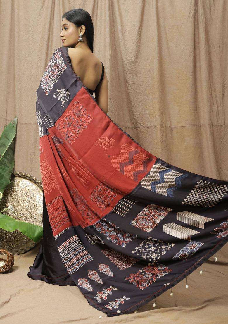 Black Printed Saree without Blouse for Women Festive Wear - Indya