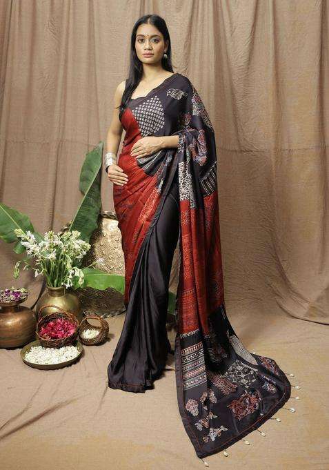 Black Printed Saree without Blouse for Women Festive Wear