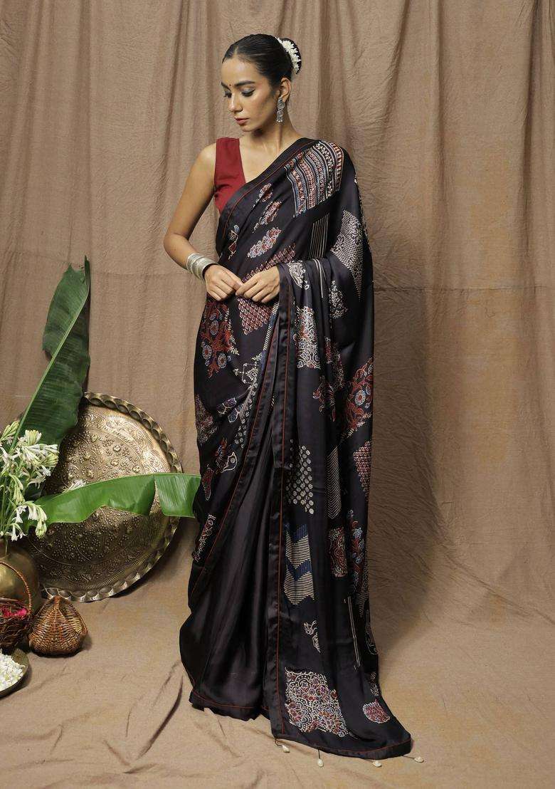 Jhankaar Black Printed Saree without Blouse for Women Festive Wear - Indya