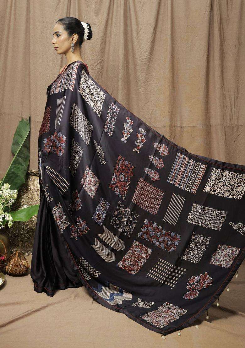 Jhankaar Black Printed Saree without Blouse for Women Festive Wear - Indya