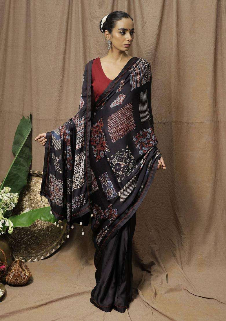 Jhankaar Black Printed Saree without Blouse for Women Festive Wear - Indya