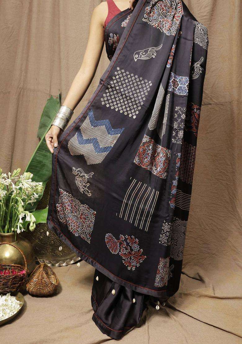 Jhankaar Black Printed Saree without Blouse for Women Festive Wear - Indya