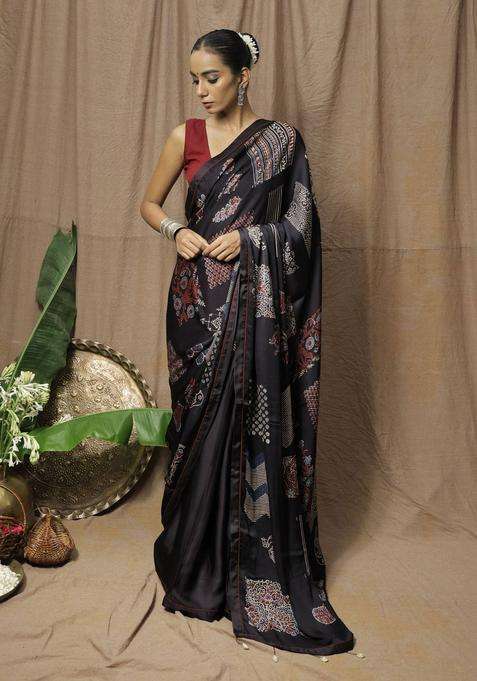 Jhankaar Black Printed Saree without Blouse for Women Festive Wear