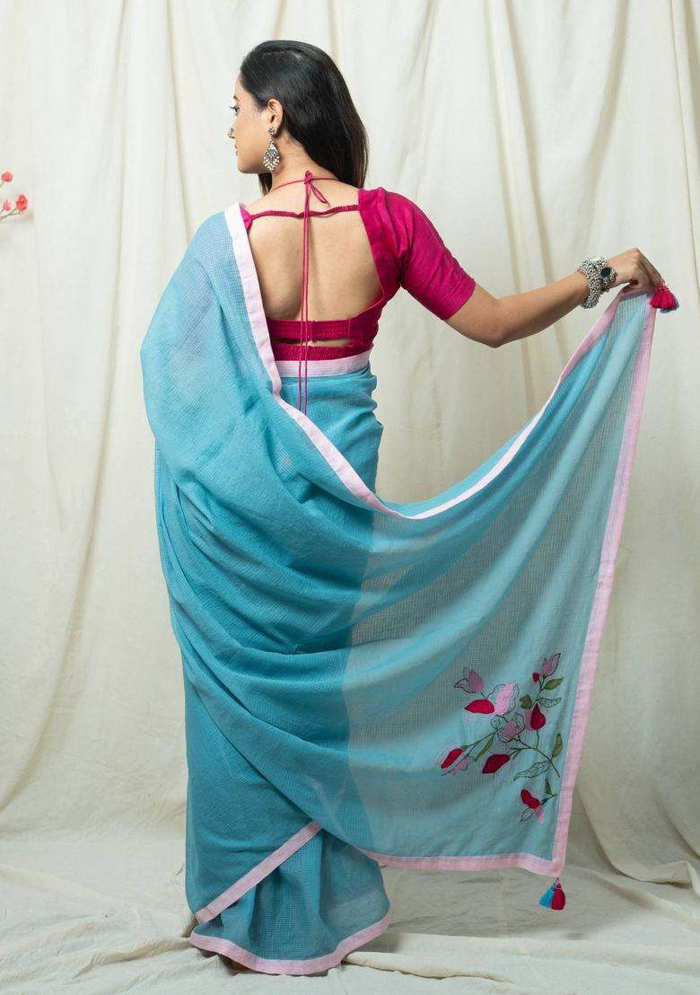 Jheel Blue Floral Hand Embroidery Saree without Blouse for Women Festive Wear - Indya