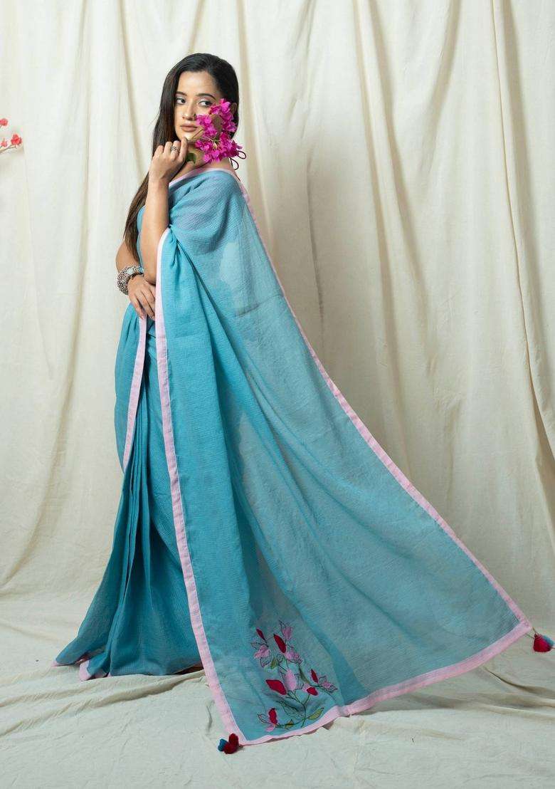 Jheel Blue Floral Hand Embroidery Saree without Blouse for Women Festive Wear - Indya