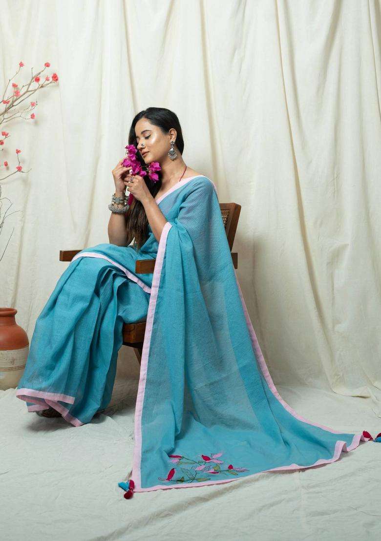 Jheel Blue Floral Hand Embroidery Saree without Blouse for Women Festive Wear - Indya
