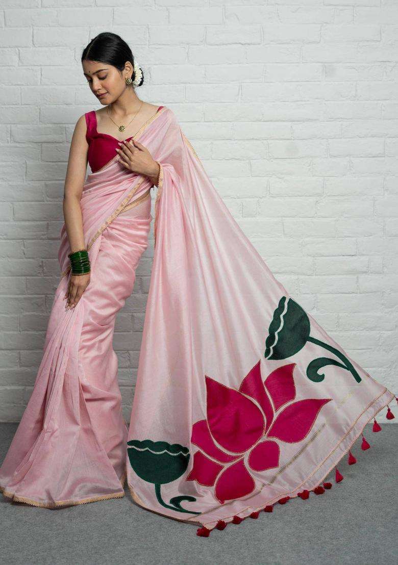 Kamala Floral Pink Saree without Blouse for Women Casual Wear - Indya