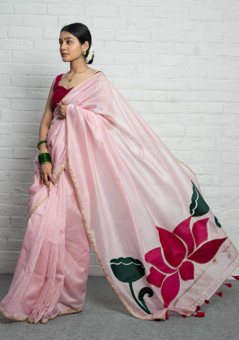 Kamala Floral Pink Saree without Blouse for Women Casual Wear - Indya