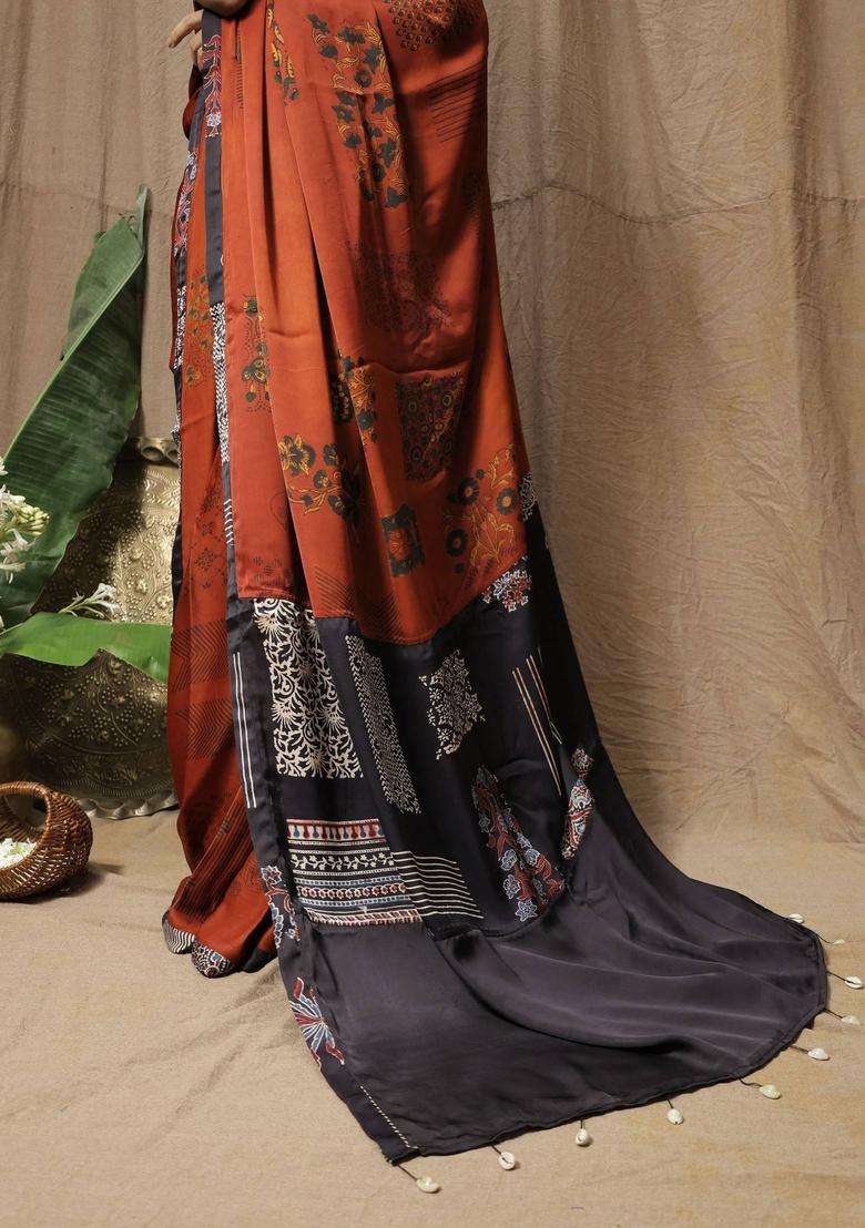 Kavya Printed Rust Saree without Blouse for Women Festive Wear - Indya