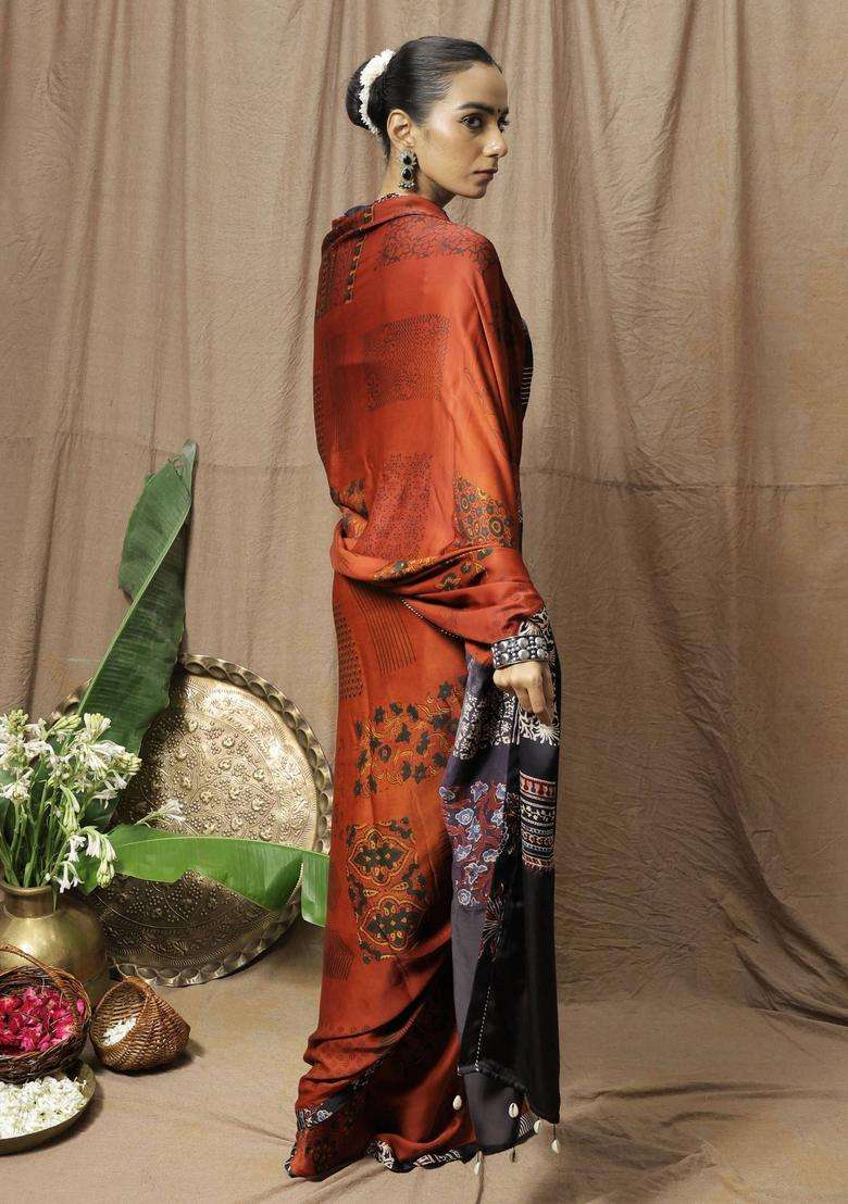 Kavya Printed Rust Saree without Blouse for Women Festive Wear - Indya