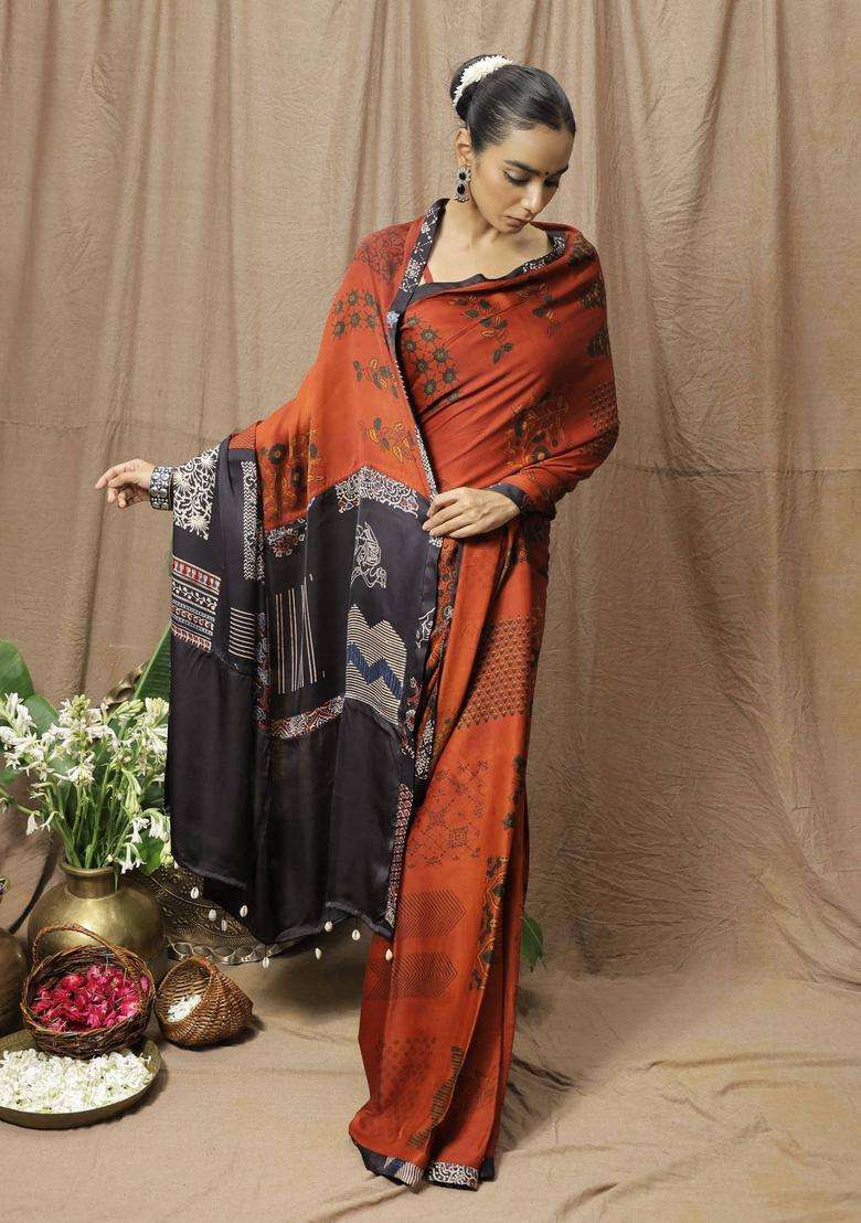Kavya Printed Rust Saree without Blouse for Women Festive Wear - Indya