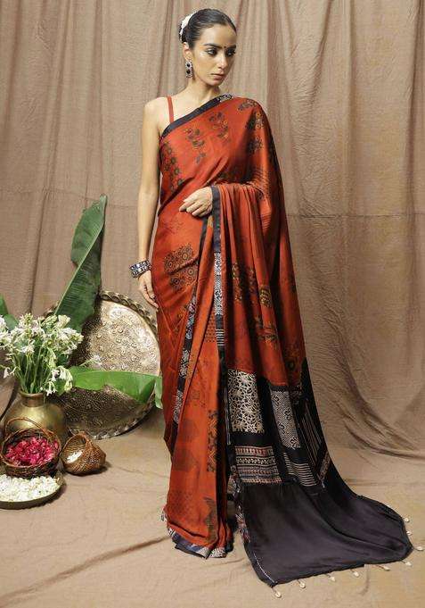 Kavya Printed Rust Saree without Blouse for Women Festive Wear