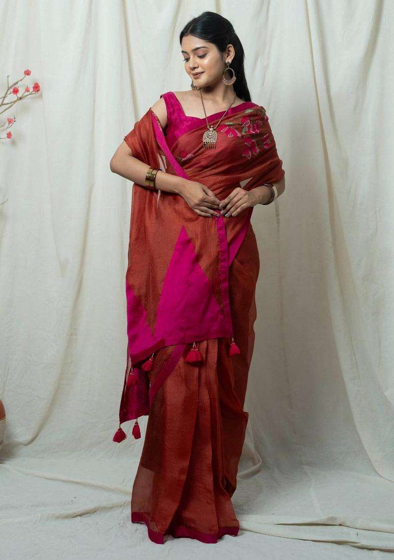 Kumud Brown Floral Hand Embroidery Saree without Blouse for Women Festive Wear - Indya