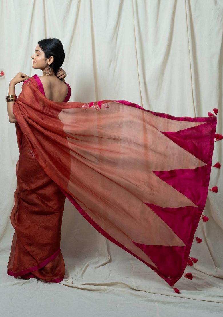 Kumud Brown Floral Hand Embroidery Saree without Blouse for Women Festive Wear - Indya