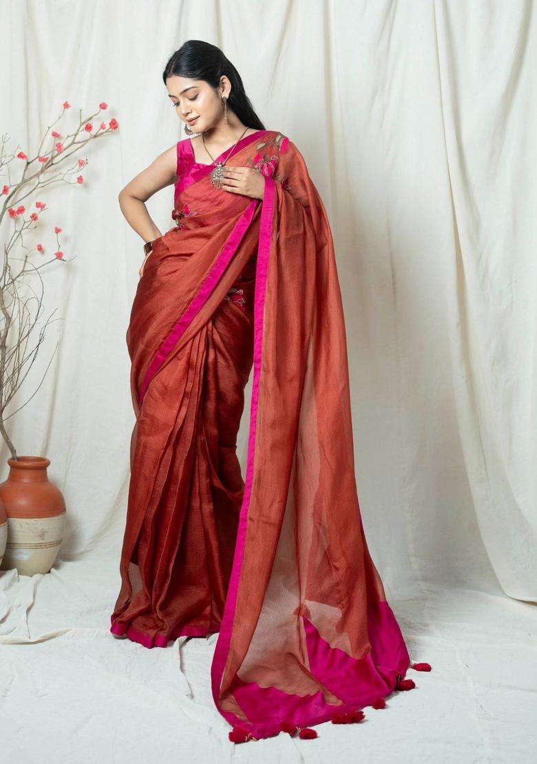 Kumud Brown Floral Hand Embroidery Saree without Blouse for Women Festive Wear - Indya