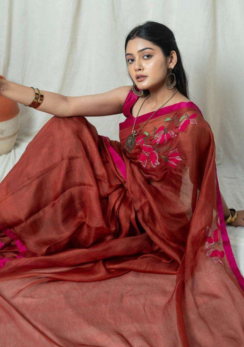 Kumud Brown Floral Hand Embroidery Saree without Blouse for Women Festive Wear - Indya