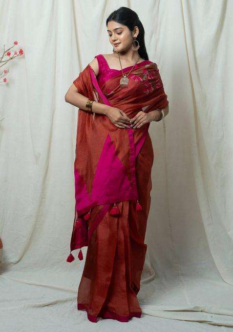 Kumud Brown Floral Hand Embroidery Saree without Blouse for Women Festive Wear