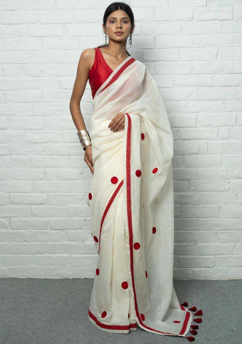 Laali Polka Dots White Saree without Blouse for Women Casual Wear - Indya
