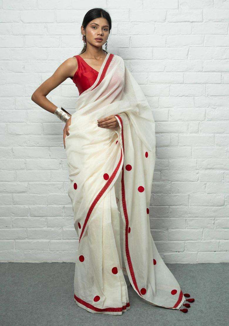 Laali Polka Dots White Saree without Blouse for Women Casual Wear - Indya