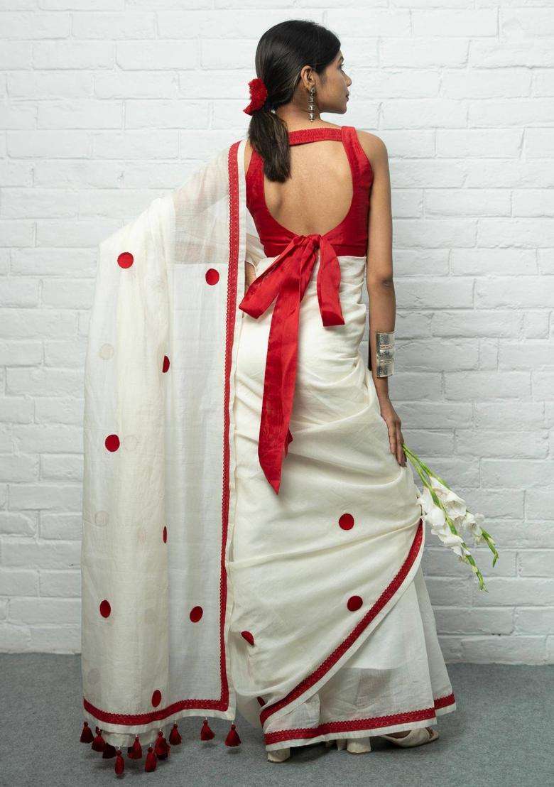 Laali Polka Dots White Saree without Blouse for Women Casual Wear - Indya