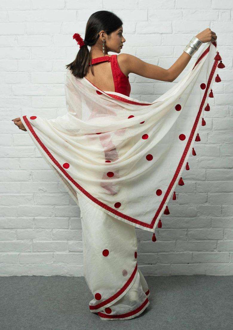Laali Polka Dots White Saree without Blouse for Women Casual Wear - Indya