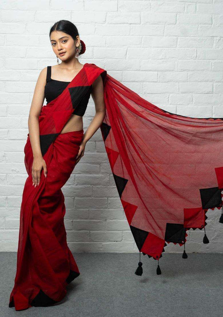 Laila Textured Red Saree without Blouse for Women Casual Wear - Indya