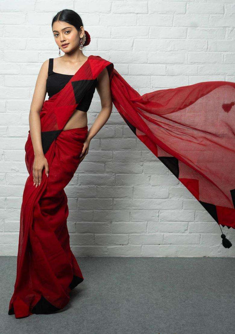 Laila Textured Red Saree without Blouse for Women Casual Wear - Indya
