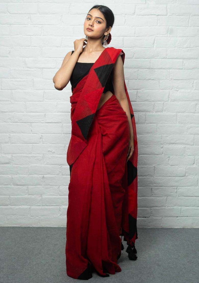Laila Textured Red Saree without Blouse for Women Casual Wear - Indya