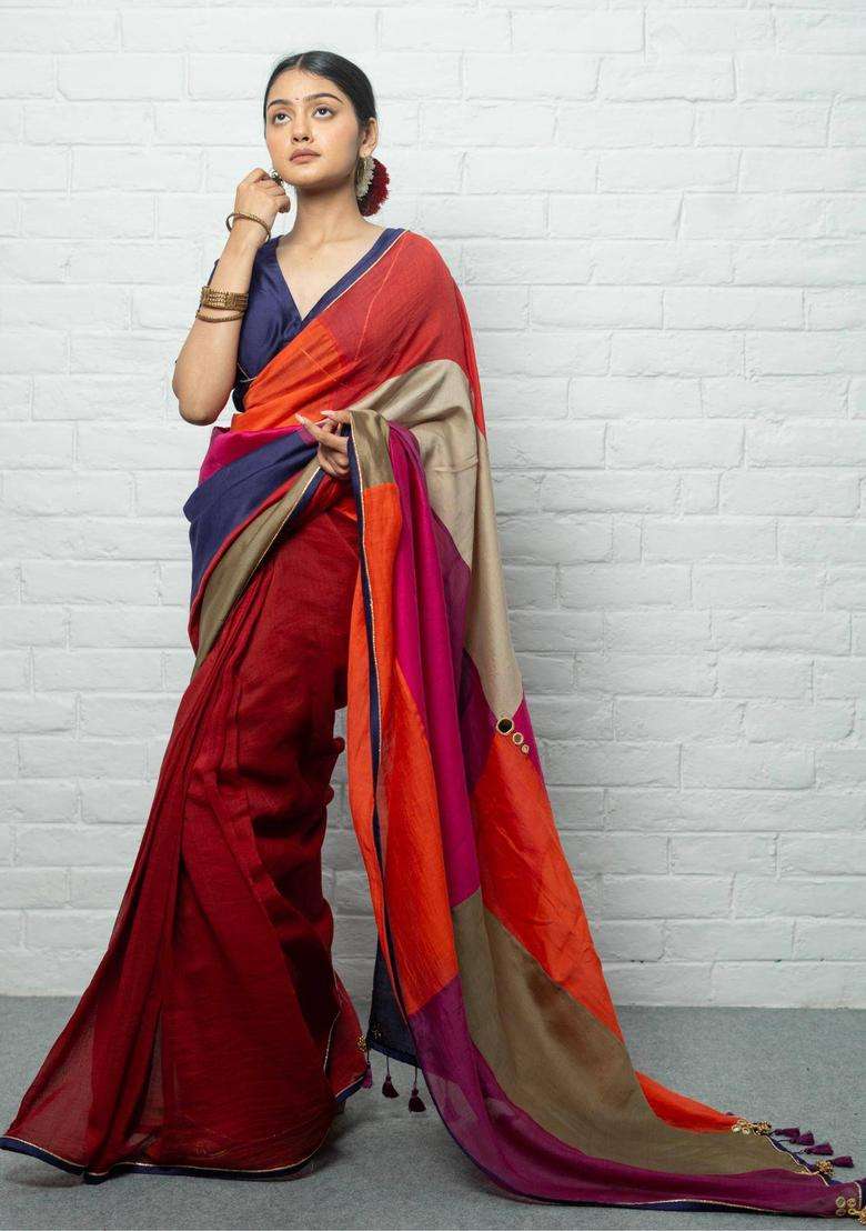Laxmi Colorblock Red Saree without Blouse for Women Casual Wear - Indya