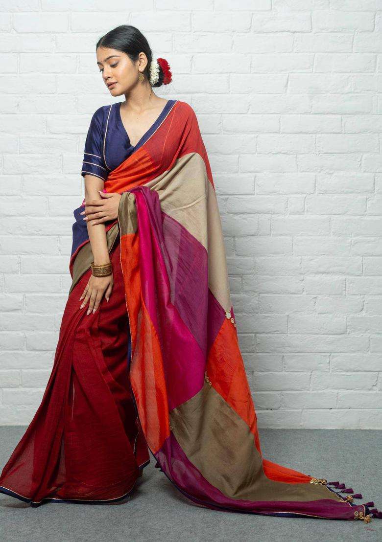 Laxmi Colorblock Red Saree without Blouse for Women Casual Wear - Indya