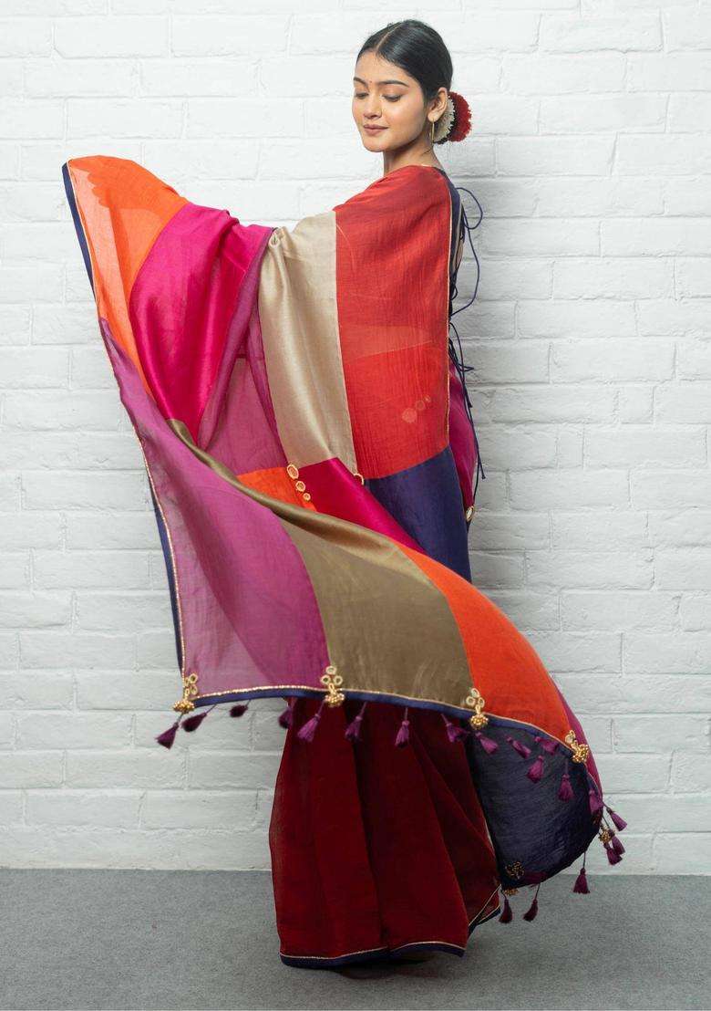 Laxmi Colorblock Red Saree without Blouse for Women Casual Wear - Indya
