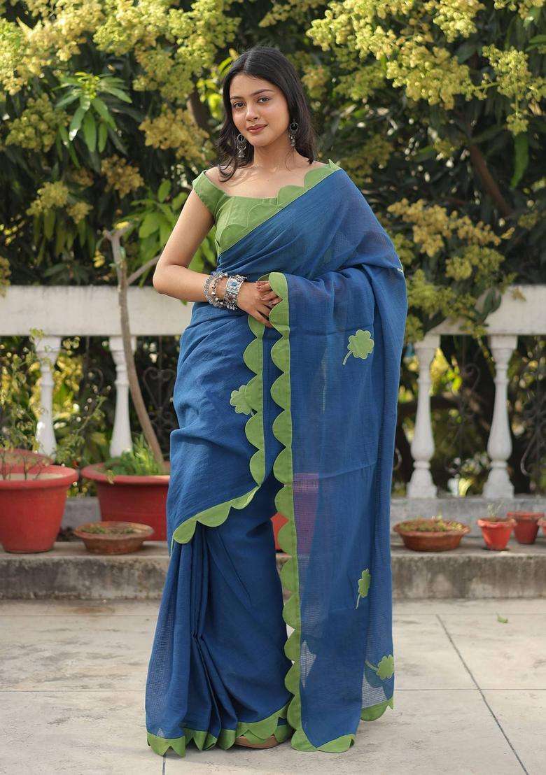 Lucky Charm Blue Floral Saree without Blouse for Women Festive Wear - Indya