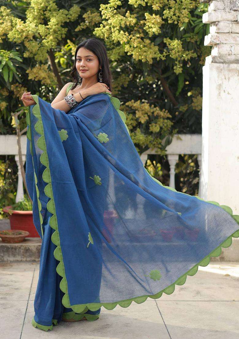 Lucky Charm Blue Floral Saree without Blouse for Women Festive Wear - Indya