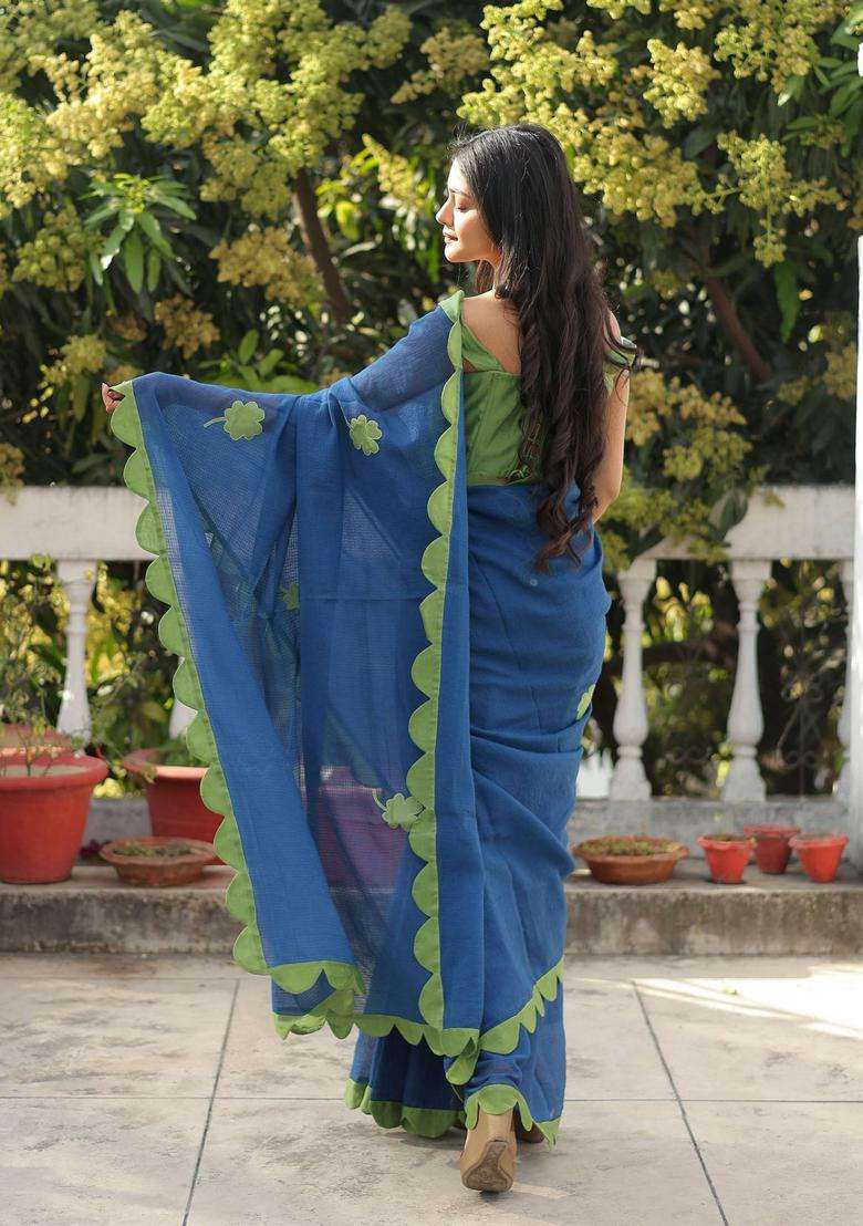 Lucky Charm Blue Floral Saree without Blouse for Women Festive Wear - Indya