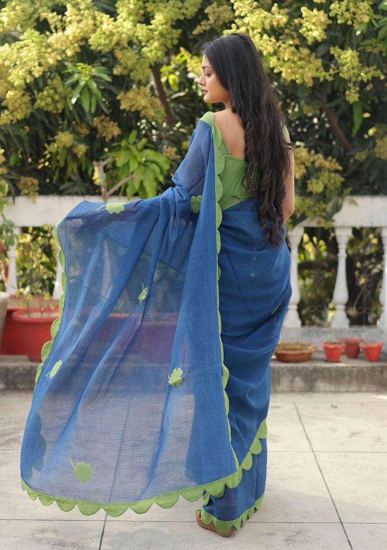 Lucky Charm Blue Floral Saree without Blouse for Women Festive Wear - Indya