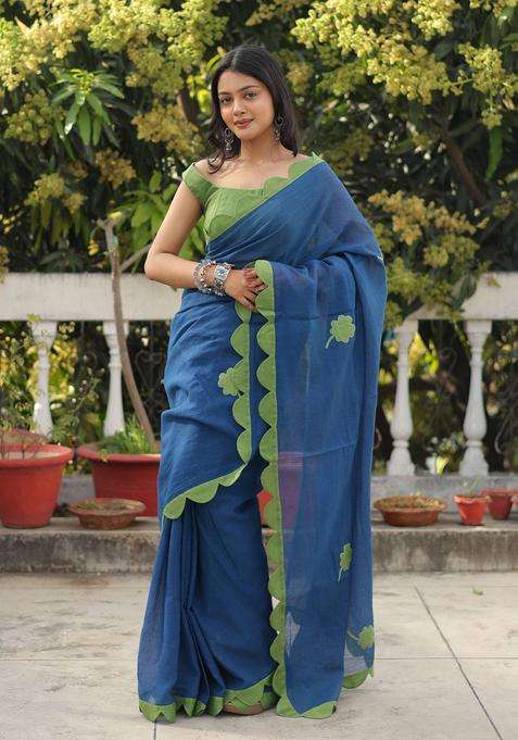 Lucky Charm Blue Floral Saree without Blouse for Women Festive Wear