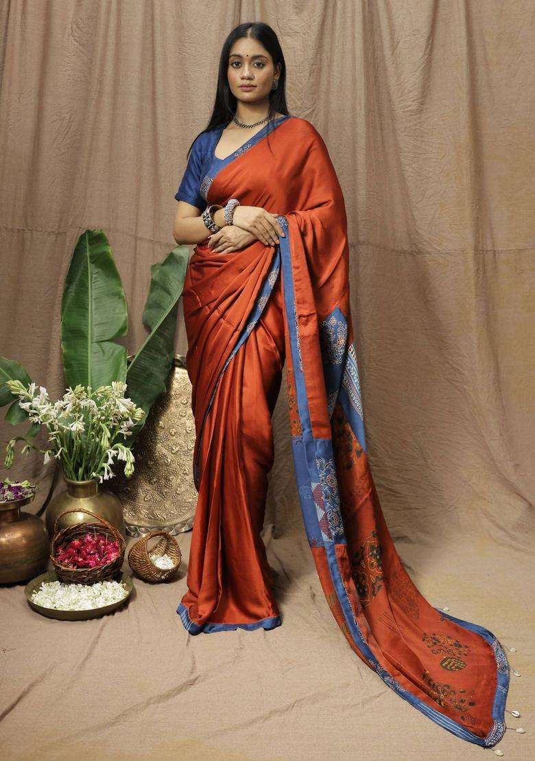 Maahi Printed Rust Saree without Blouse for Women Festive Wear - Indya