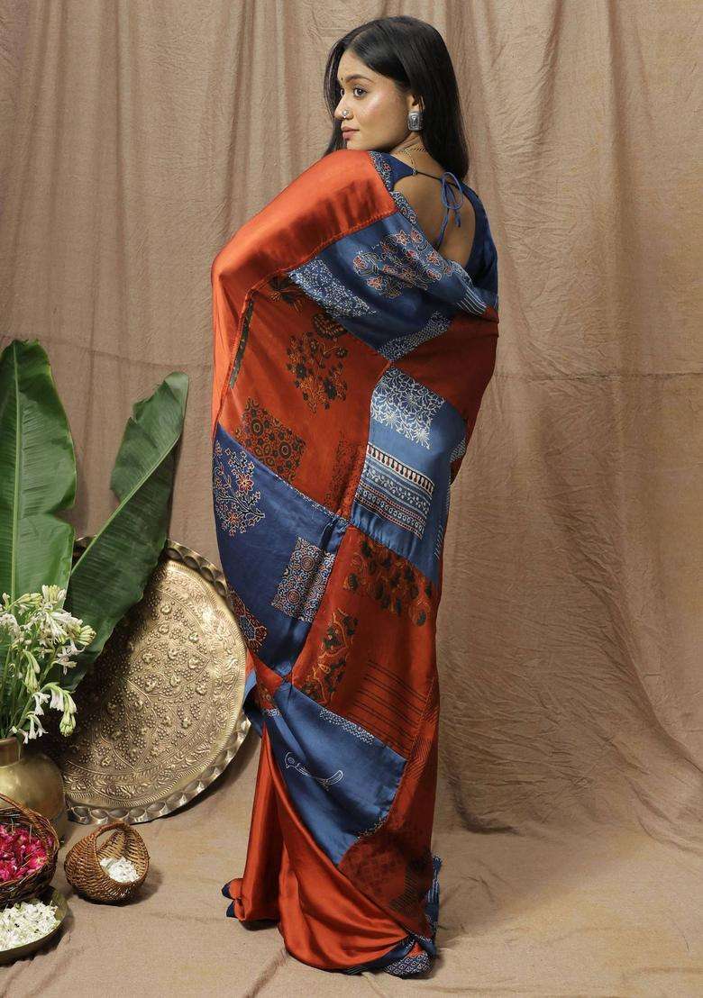 Maahi Printed Rust Saree without Blouse for Women Festive Wear - Indya