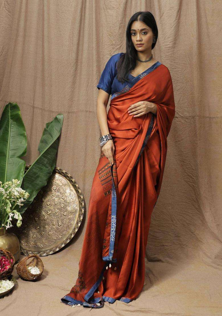 Maahi Printed Rust Saree without Blouse for Women Festive Wear - Indya